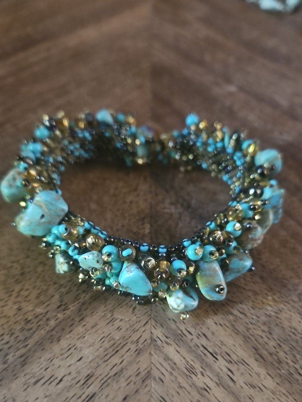 Handmade Czech Glass Overload Beaded Bracelet Turquoise Bronze Boho Chunky